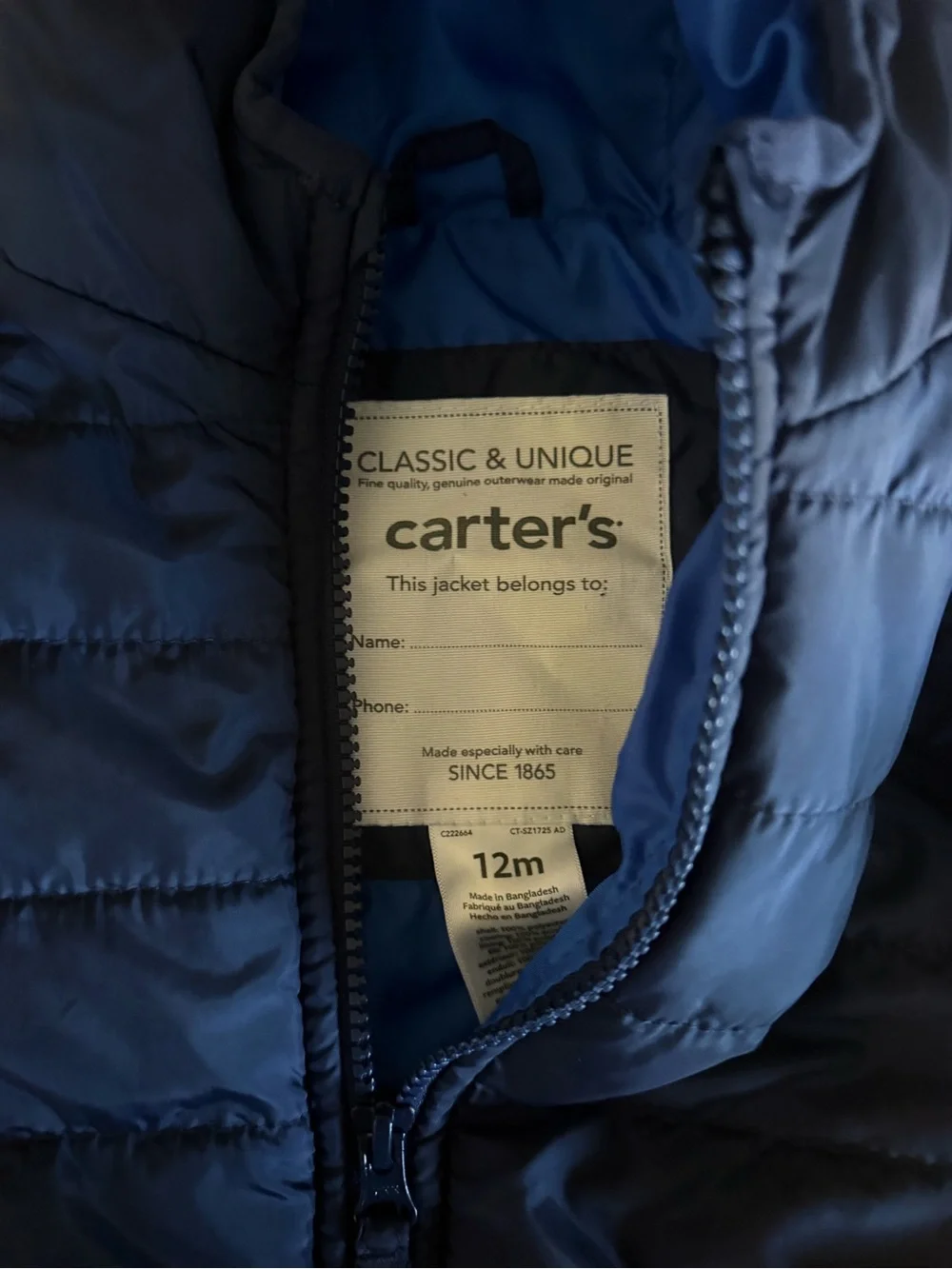 Carter's Navy Puffer Jacket with Blue Lining and Hood